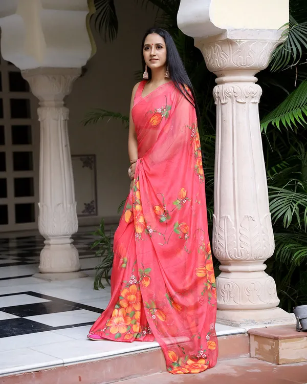 Multicolour_Floral_H_Painted_Crimson_Chiffon_Saree_For_Women